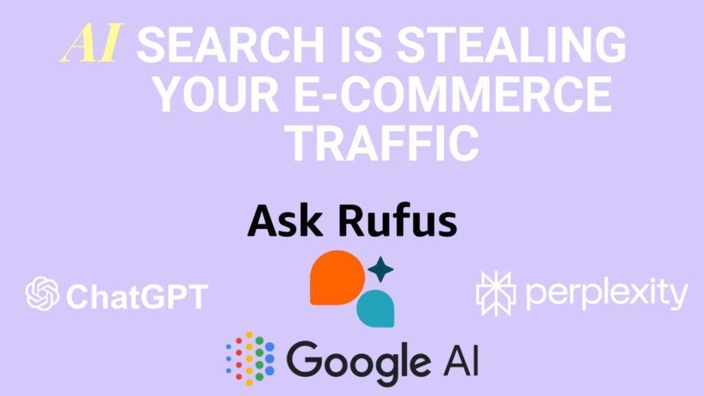 Graphic showing how AI search tools like ChatGPT Perplexity ask rufus google ai are replacing traditional e-commerce traffic sources