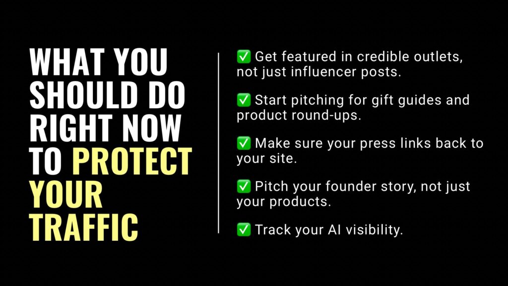 Checklist showing actions brands should take to protect traffic using PR and AI visibility strategies