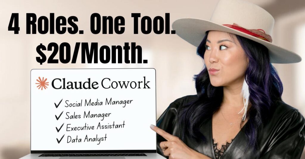Gloria Chou showing how Claude Cowork saves small business owners 6-8 hours weekly by replacing social media manager sales and admin tasks