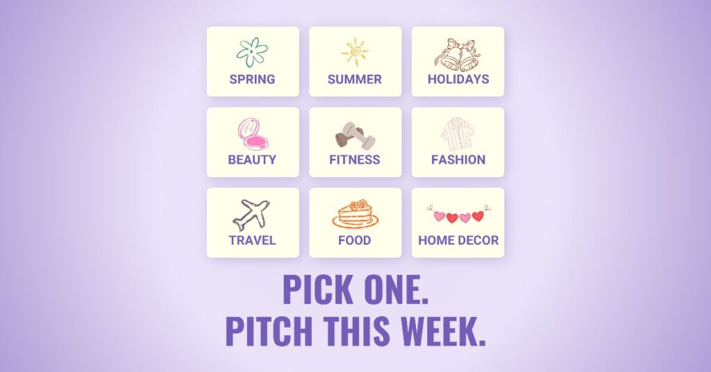 Grid of nine spring and summer PR pitch categories for small business owners including holidays, beauty, fitness, fashion, travel, food, and home decor