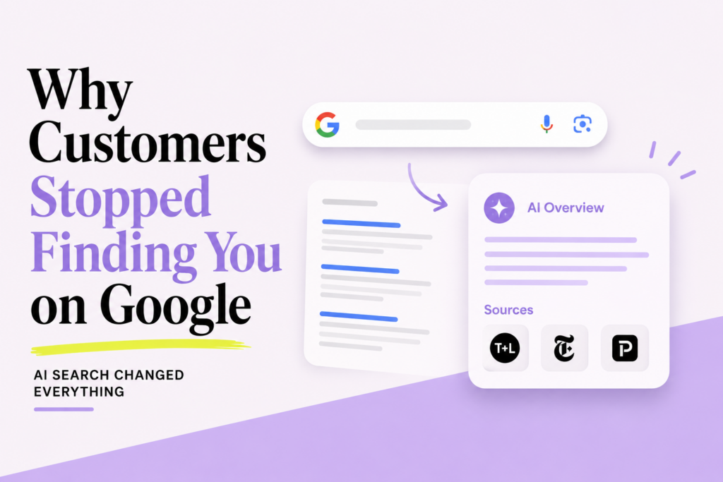 How Google AI search changed small business PR, with a search bar turning into an AI answer box citing trusted sources.