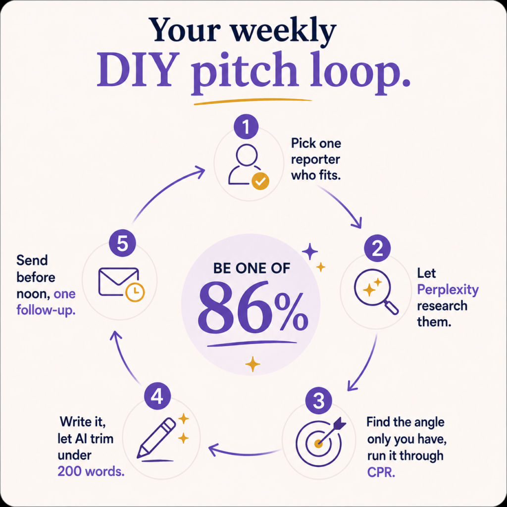 Five-step weekly DIY pitch loop using AI for research and trimming while you write the story.