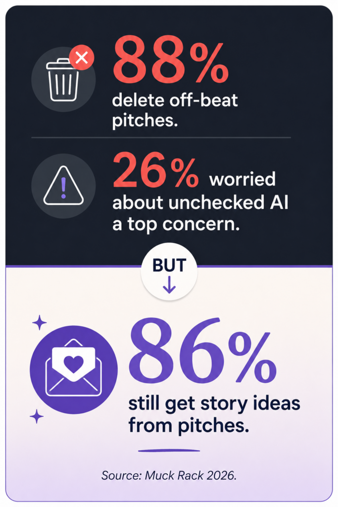 2026 data showing 88% of journalists delete off-beat pitches while 86% still build stories from pitches.